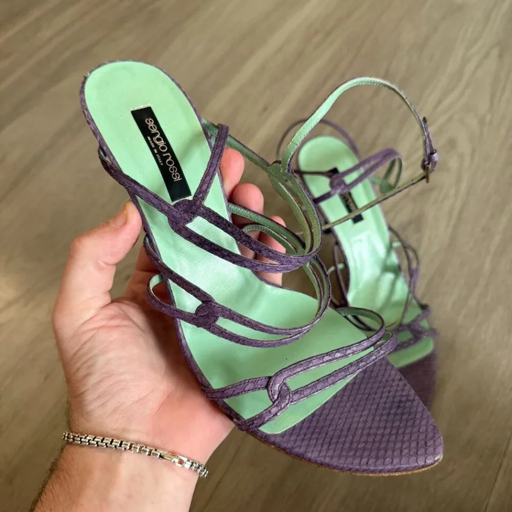 Sergio Rossi Purple Strappy Heels with Mint Green Insole - Picture 3 of 6